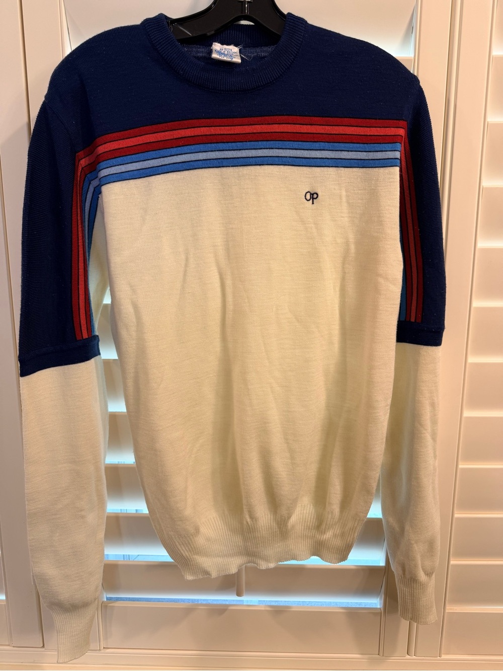 OP Vintage 80’s Crewneck Sweater in Navy, Cream, Red and Blue Stripes